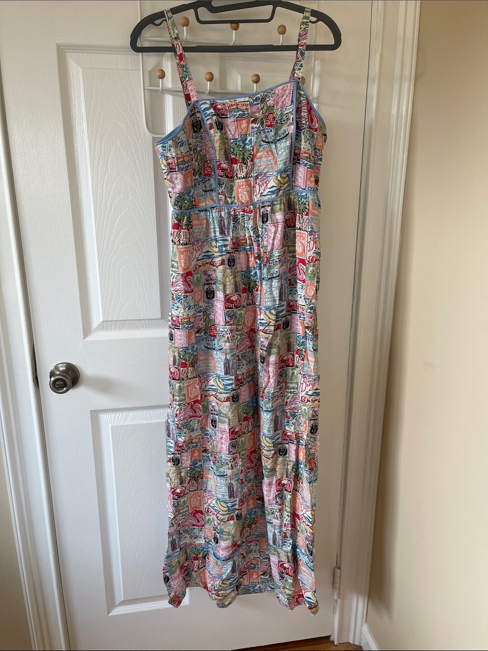 Printed Maxi Sundress with Spaghetti Straps - Pink & Blue